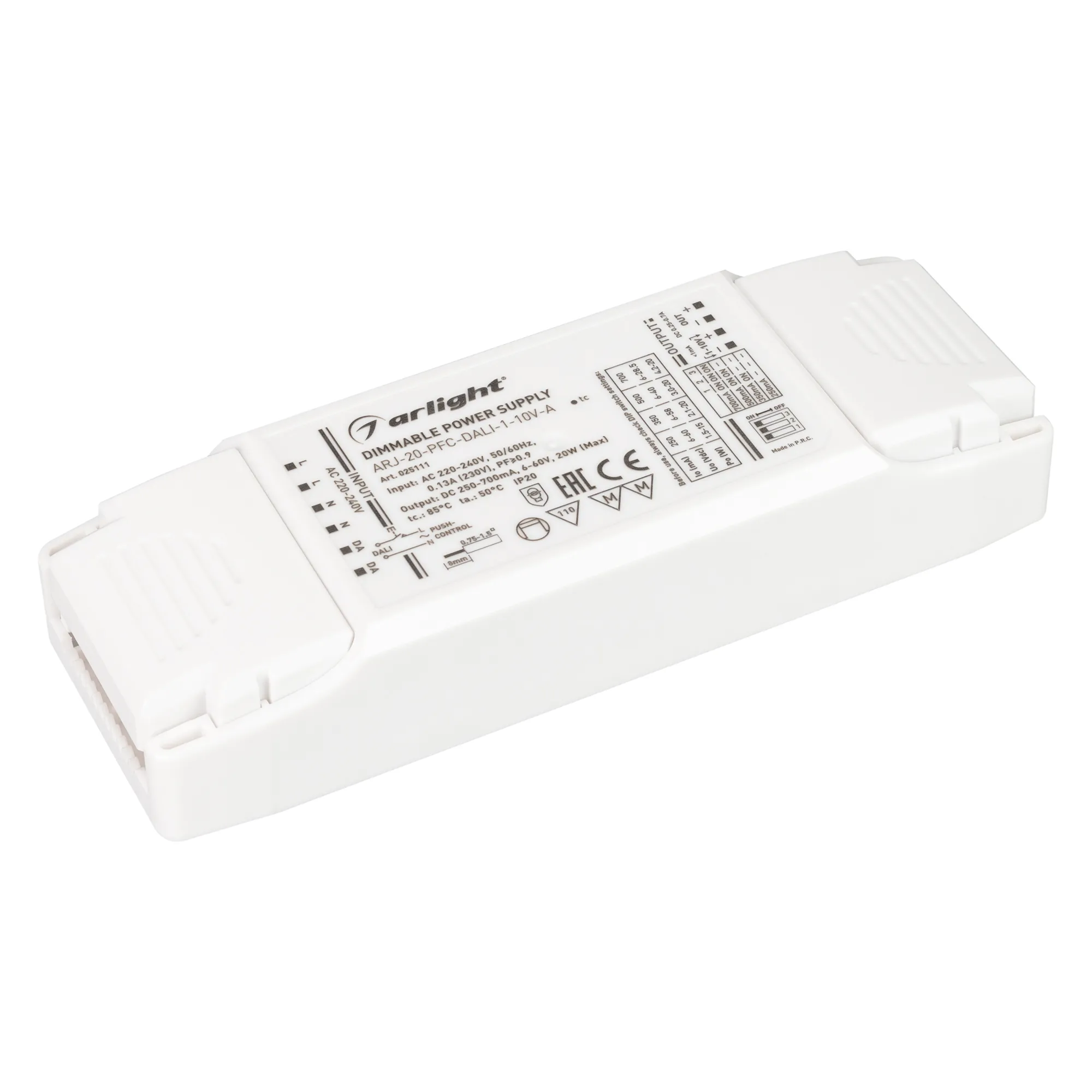 Блок питания ARJ-20-PFC-DALI-1-10V-A (20W, 250-700mA) (Arlight, IP20 Пластик, 5 лет) - изображение товара