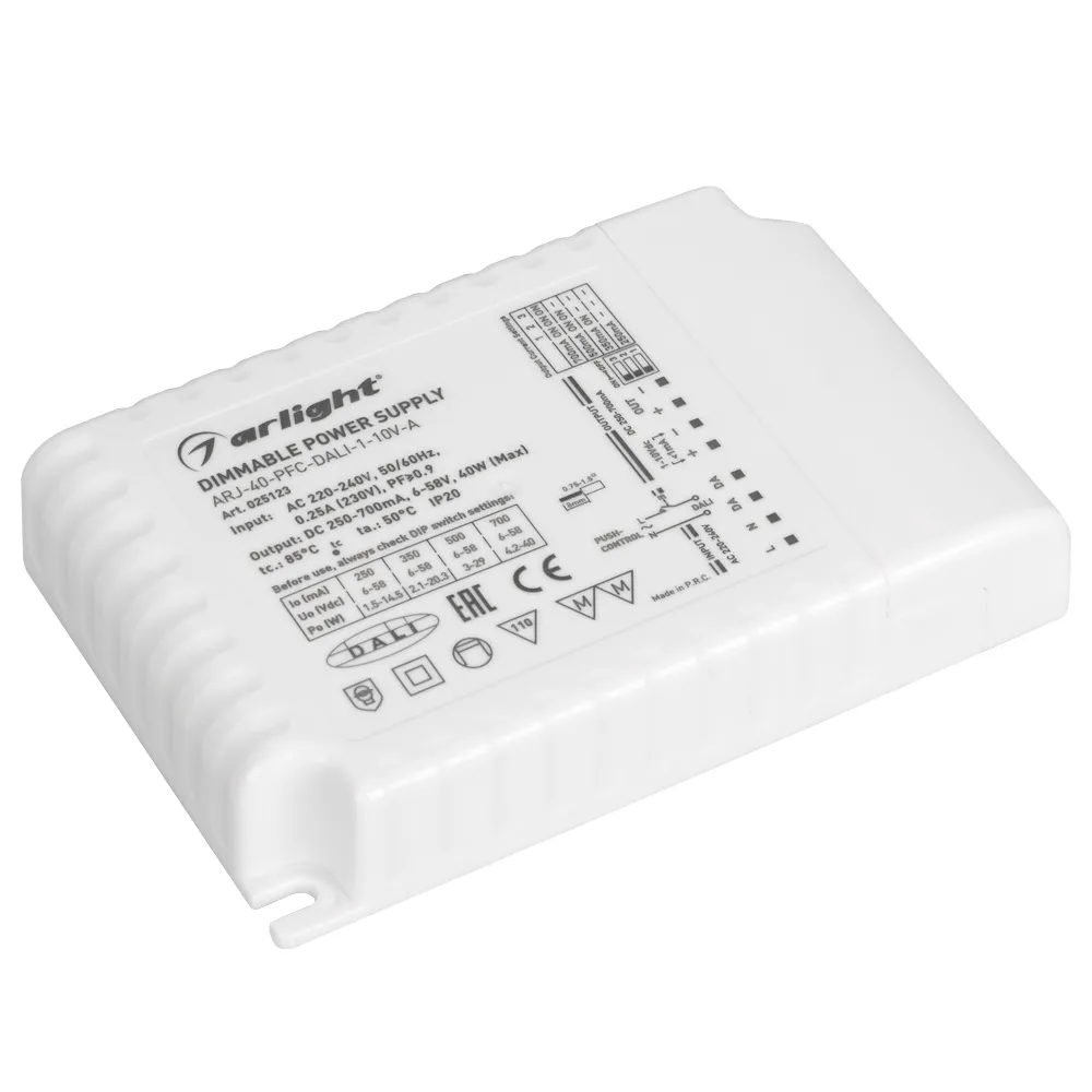 Блок питания ARJ-40-PFC-DALI-1-10V-A (40W, 250-700mA) (Arlight, IP20 Пластик, 5 лет) - изображение товара